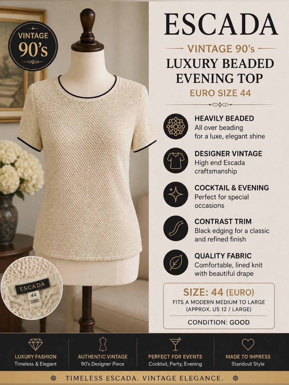 Escada -Vintage 90s - Lux - Cocktail Heavily Beaded Evening Top - Contrast trim
